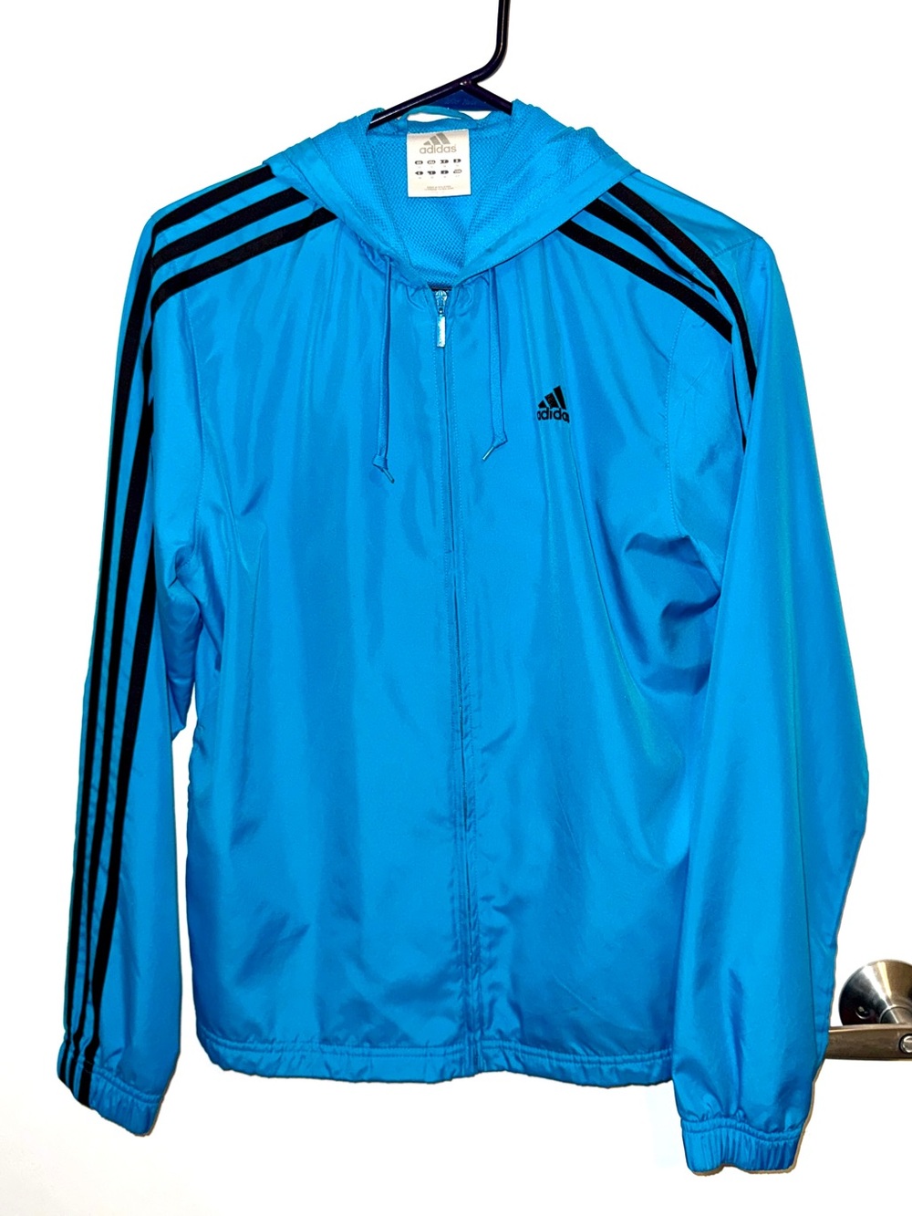 Vintage Adidas Blue Hooded Windbreaker with Black Stripes